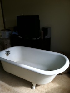 The Clawfood tub that currently resides in the middle of our bedroom